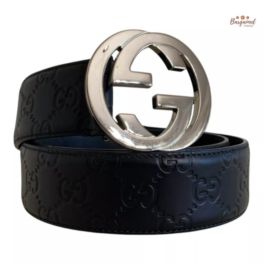 Authentic Gucci Black Guccissima Leather Silver Interlocking G Buckle Belt 85/34